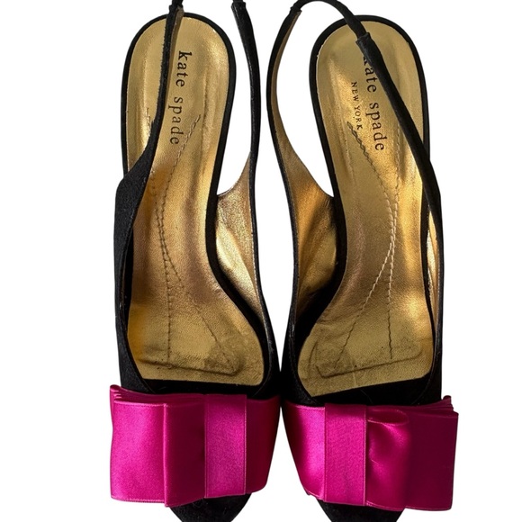kate spade Shoes - Kate Spade Sling Back Open Toe Black Heels Pink Bow Sz 8